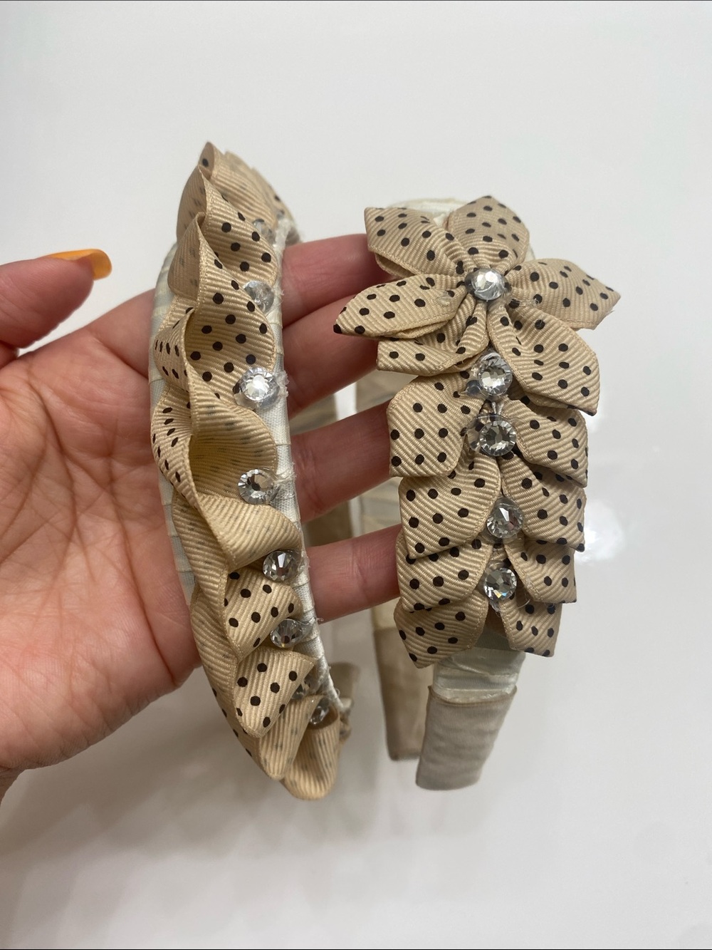 Set of 2 Hand Crafted Beige Polka Dot Floral Headbands - Picture 2 of 4